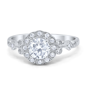 Halo Fancy Wedding Ring Round Simulated Cubic Zirconia 925 Sterling Silver